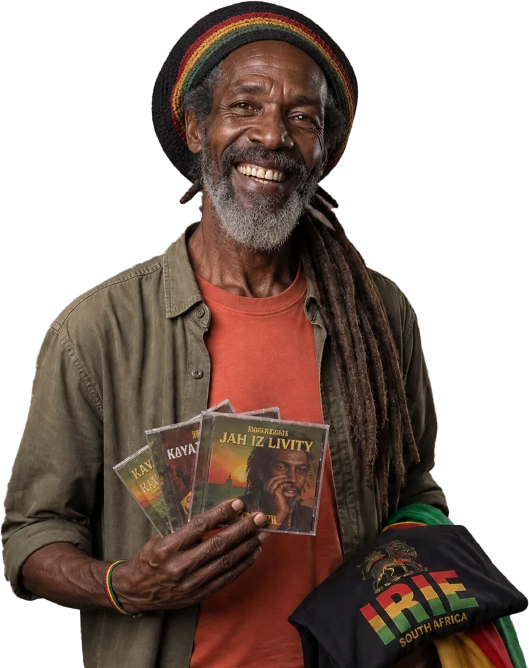 Simeon holding reggae records and merchandise.
