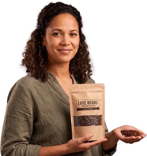 Sonia holding her boutique coffee product.
